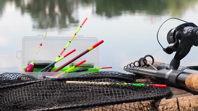 Close-up of fishing gear on the lake