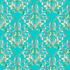 Damask seamless pattern. Floral turquoise background wallpaper with vintage gold pink green flowers, swirl leaves and elegance ornaments in Baroque style. Vector ornamental texture for fabric, prints