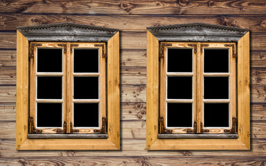 Wooden window frames with black empty space inside. Retro country cottage wall background.