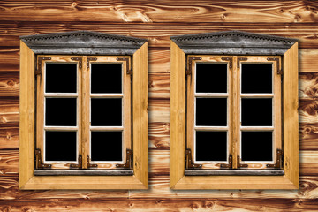 Wooden window frames with black empty space inside. Retro country cottage wall background.