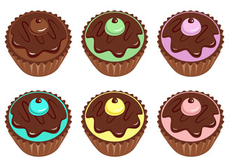 Set of cupcakes with chocolate glaze cream and fondant. Vector illustration isolated on white background.
