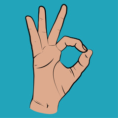 Human hand, showing OK sight, fingers showing symbol of a great state. Vector isolated sketch style, hand drawn illustration.