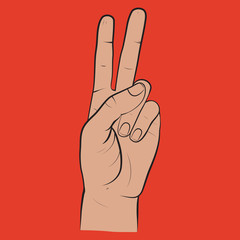 Human hand,  two fingers, fingers showing symbol of a peace, victory. Vector isolated sketch style, hand drawn illustration