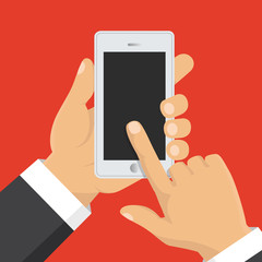 Hand holding smart phone. Business concept, flat design, vector