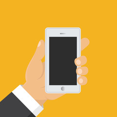 Hand holding smart phone. Business concept, flat design, vector