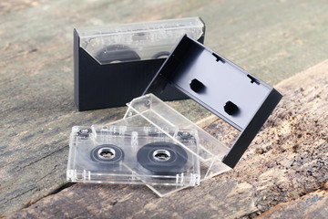 Cassette tapes on the wooden table