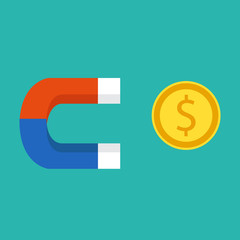 Magnet attracts money. Vector illustration, flat style red magnet draws a profit,