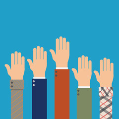 Raised up international  hands. Voting hands. Election concept. Vector illustration
