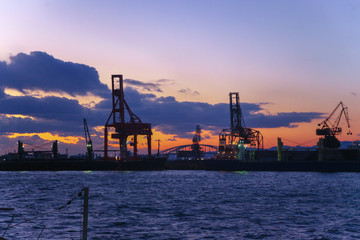 Fototapeta na wymiar cranes and cargo ships in Tokyo bay at sunset