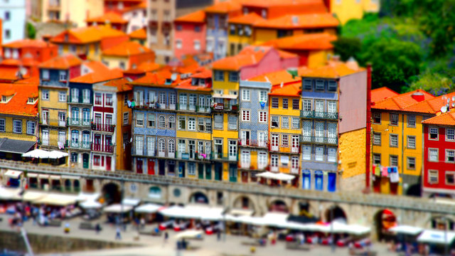 Colorful miniature tilt-shift view of old city center, Porto, Portugal
