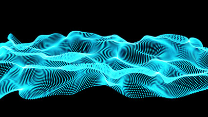 neon abstract waves on black background - shape made of dots