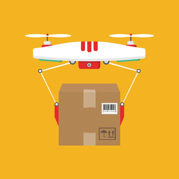 Dron delivers the parcel. The concept of fast, free delivery, gift. Vector illustration