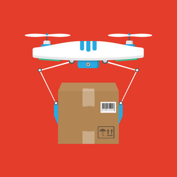 Dron delivers the parcel. The concept of fast, free delivery, gift. Vector illustration
