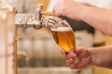 Brewer pours beer into a glass, detail on hand work