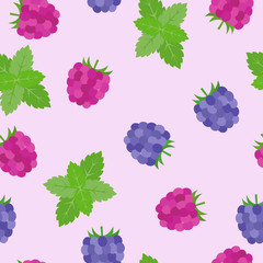 Bright seamless,  pattern with various berries. Raspberry, blackberry, mint. Vector