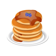 Vector illustration. Fresh tasty hot pancakes with sweet maple syrup. Cartoon icon isolated on background. Vintage restaurant sign.