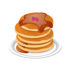 Vector illustration. Fresh tasty hot pancakes with sweet maple syrup. Cartoon icon isolated on background. Vintage restaurant sign.