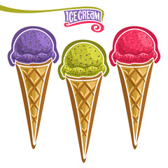 Vector set of Ice Cream in Waffle Cone: 3 wafer cones vibrant colors fruit ice cream on white background, purple ube refreshing gelato ice cream dessert, raspberry sorbet ball with chia seed in waffle