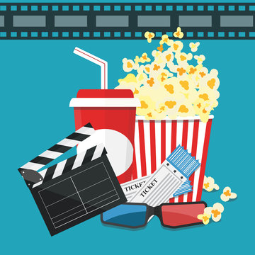 Vector illustration. Popcorn and drink. Film strip border. Cinema movie night icon in flat design style. Bright background.