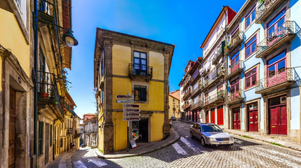 Colorful decorated facades of traditional portugal street, panoramic view