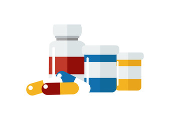 Vector drugs icon, pills, capsules ans prescription bottles. Medicine vector illustration, modern flat cartoon style. - 165608279