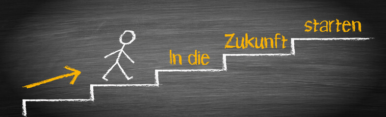 In die Zukunft starten - Treppe oder Stufen mit Strichmännchen und Text auf Kreidetafel - Neuanfang, Neubeginn, Fortschritt, Karriere