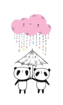Greeting card with cute pandas, umbrella and pink funny cloud. Hand drawn illustration for your design. Doodles, sketch. Vector illustration.