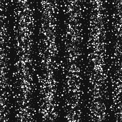 Random falling white dots. Scatter vertical lines with random falling white dots on black background. Vector illustration.