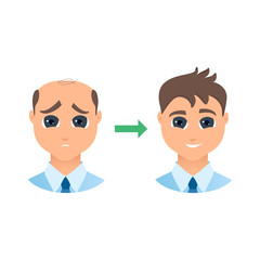 Man with alopecia before and after hair treatment and transplantation. Male hair loss set. Before and after make over series of a balding gentleman. Beauty concept design. Isolated vector illustration