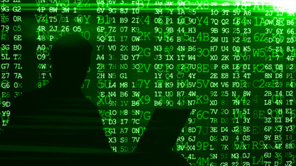 Conceptual image of a hacker on matrix background of falling green computer code digits 3d...
