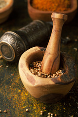 Coriander dry in a mortar on a dark