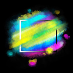 Naklejka premium Multi colored, vibrant blue, yellow, pink watercolor splash with frame abstract background (backdrop, banner)