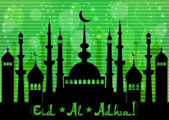 Fototapeta premium Card with mosques city for wishes with beginning of fasting month of Ramadan, as well with Islamic holiday Eid al-Fitr and Eid al-Adha on green twilight background. Vector illustration