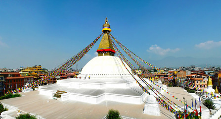 Panoramic view of the Boudhanath Buddhist complex located in the centre of Kathmandu city, Nepal