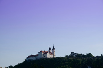 church and monastery on hill at Tihany, Balaton lake - home of lavender, purple sky, summer time