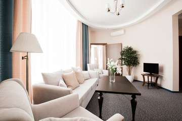 Hotel apartment, living room interior in the morning