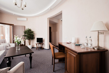 Hotel apartment, living room interior in the morning