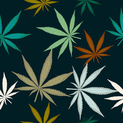 Seamless pattern with leaves of marijuana on dark green background. Colorful cannabis leaves. Vector illustration