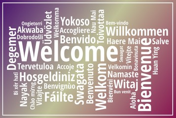 Welcome sign wordcloud on purple gradient background