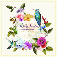 Wedding invitation with roses, poppy flowers and peony and two hummingbirds around. This template can be used as other type of invitations and holidays. Vector - stock. © iMacron