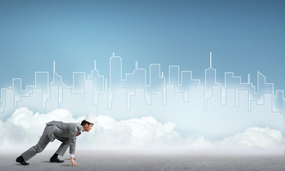 King businessman in elegant suit running and blue cityscape silhouette at background