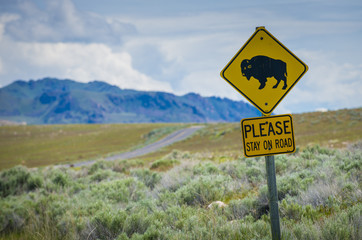Bison sign antelope island salt lake utah scenic landscape horizon vegitation weather