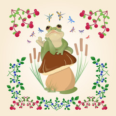 Postcard with a frog and a frame of berries