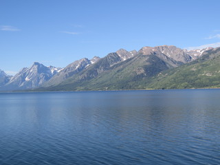 Landscape view of snow covered mountains and a lake