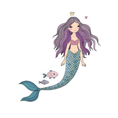Cute cartoon mermaid and fish. Siren. Sea theme. isolated objects on white background.