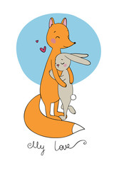 Lovely cartoon fox and hare. Happy animals.