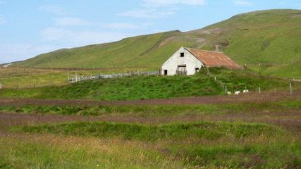 Obraz premium Einsames Haus in weiter Fjord-Landschaft von Island