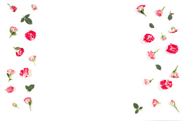 Flowers composition. Frame made of rose flowers. Flat lay, top view