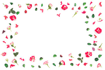 Flowers composition. Frame made of fresh roses and dried flowers. Flat lay, top view