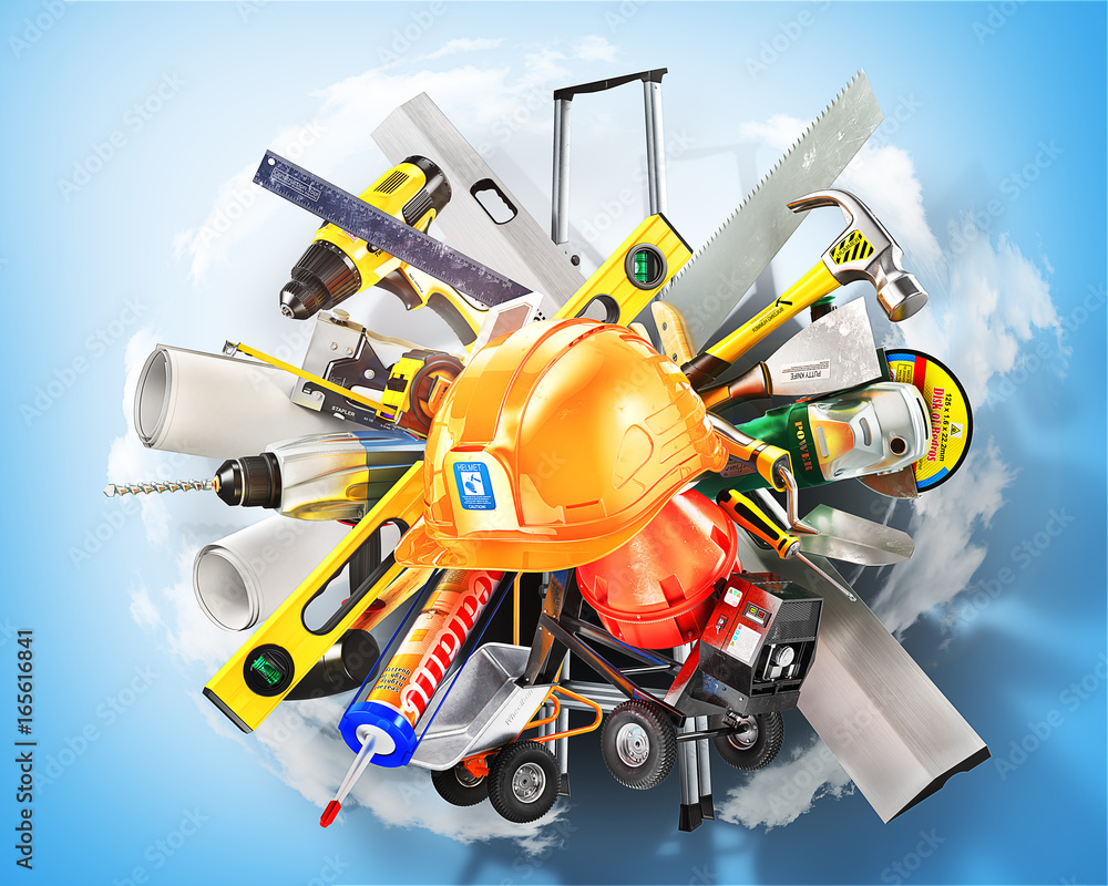 Wall mural Construction concept. Construction tools around helmet on a blue with clouds. 3d illustration